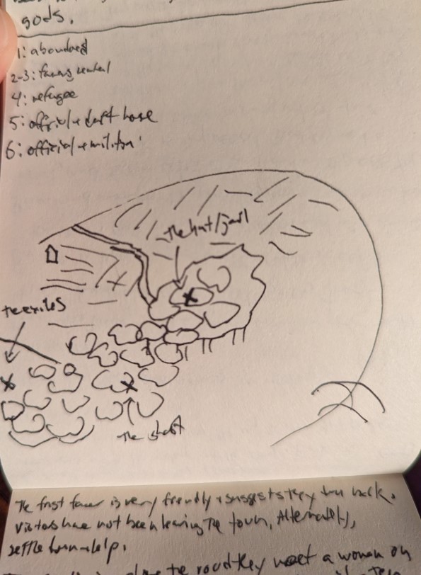 An incomplete map. Fields to the north, then a forest, with a hut marked in the middle of the forest. The forest continues diagonally to the southwest, with the ghost and the exiles marked. What is beyond the forest is not shown.