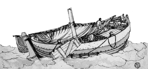 A fishing boat with a broken sail.