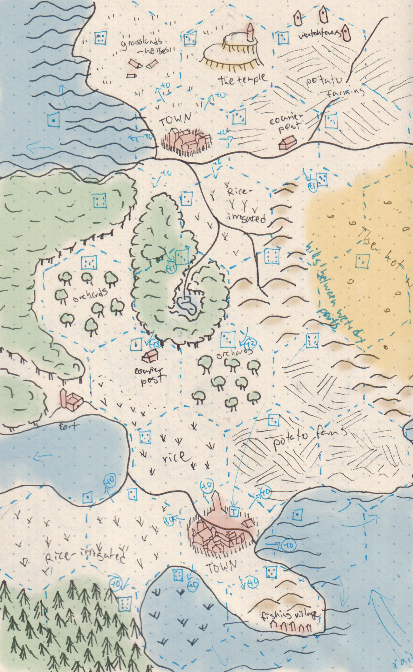 A map of a region with water in two opposite corners, a temple on a plateau and a town to the north, another town to the south, forest to the west and desert to the east.