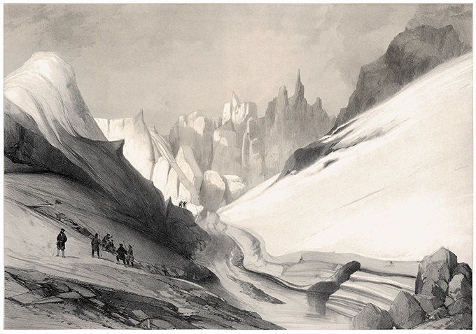 Old black and white drawing of travelers dwarved by glacier covered mountains