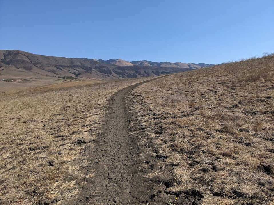 Dry hills in the distance, in the foreground a narrow dirt path surrounded by dead grass.