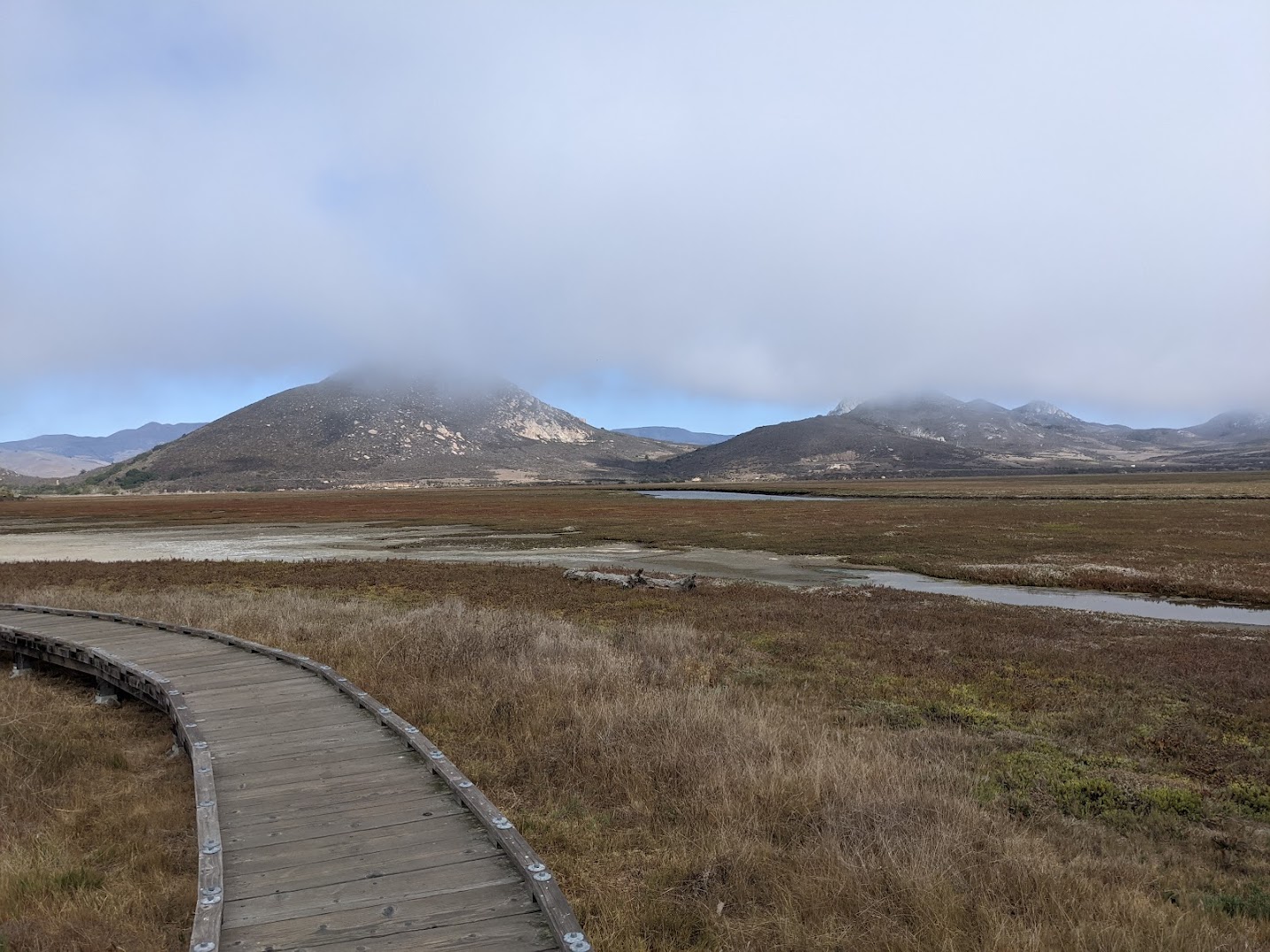 A boardwalk in the foreground curves off to the left. In the far distance, hills have their tops shrouded in fog. In between are salt flats: very short vegetation with patches of water visible in between