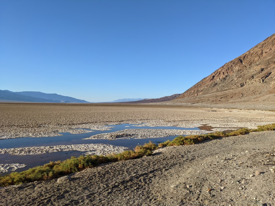 Same landscape, from up a slight hill, with plants on the side of the hill, and some small dark pools, looking like puddles after the rain, below