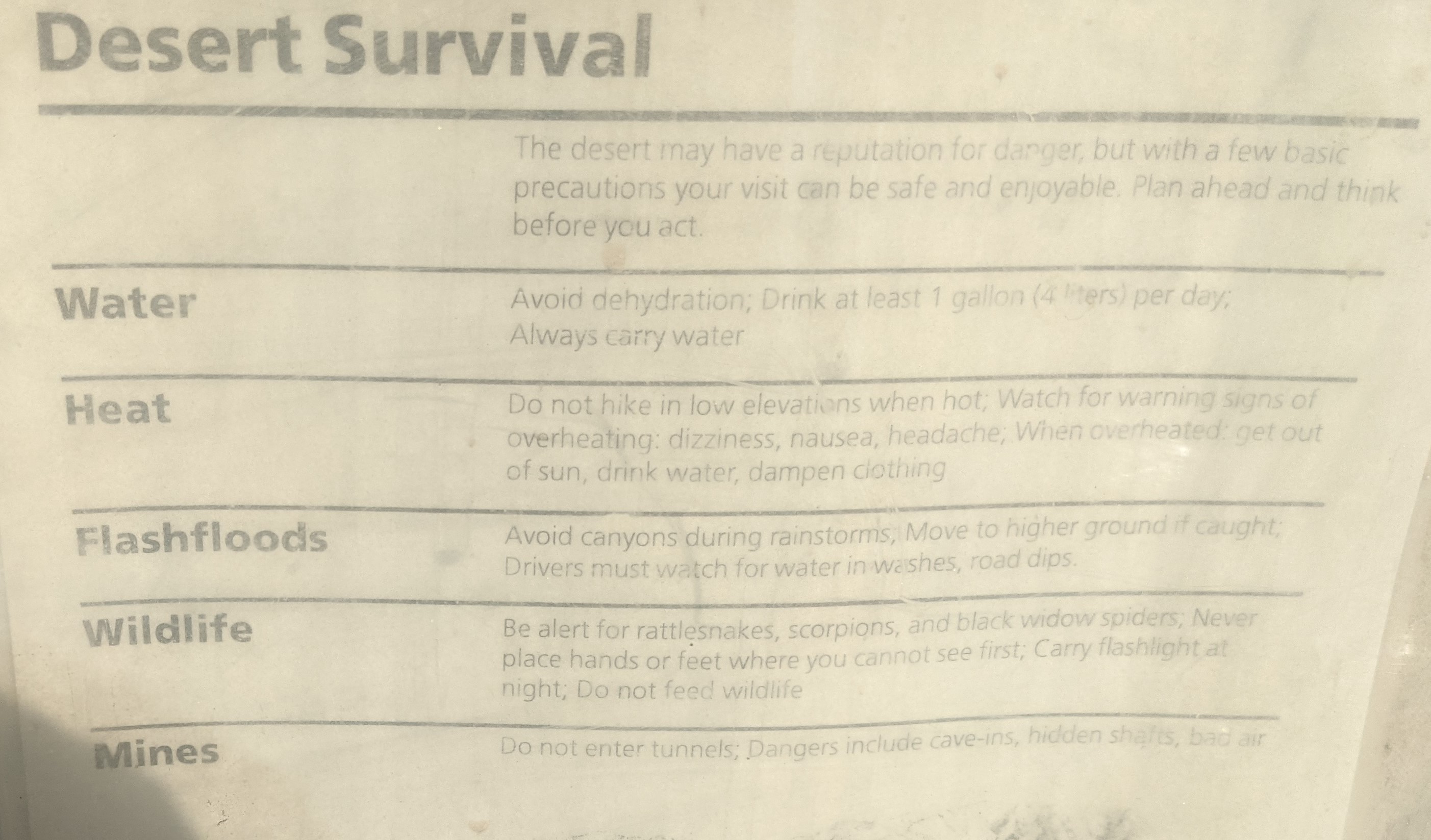 Very faded and hard to read sign titled 'Desert Survival' with the headings 'Water', 'Heat', 'Flashfloods', 'wildlife', 'mines'. More details in text below.